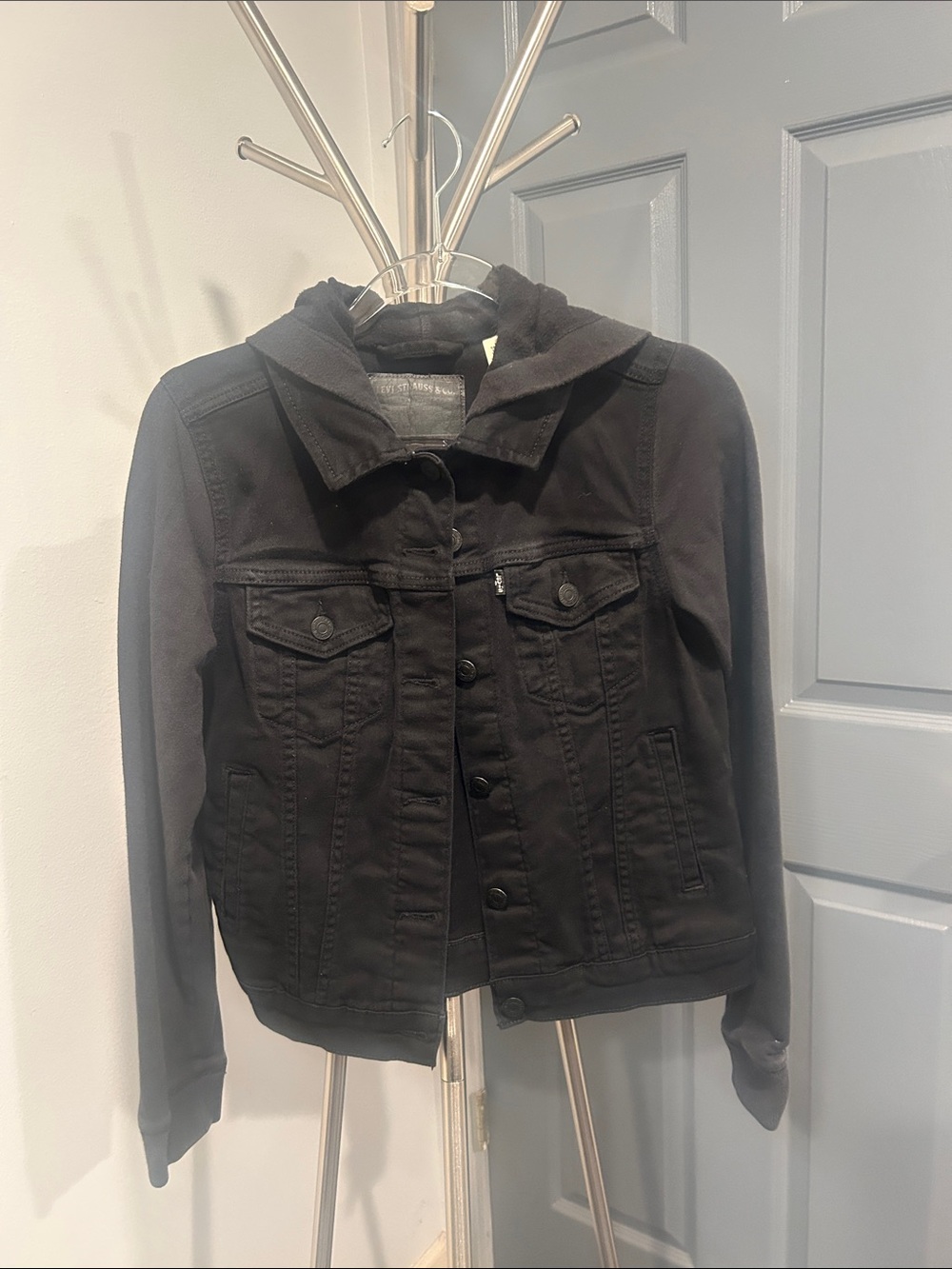 Levi's Black Hooded Jean Jacket with Knit Sleeves